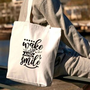 Shopping Tote Bag Wake Up and Smile White and Black Handmade